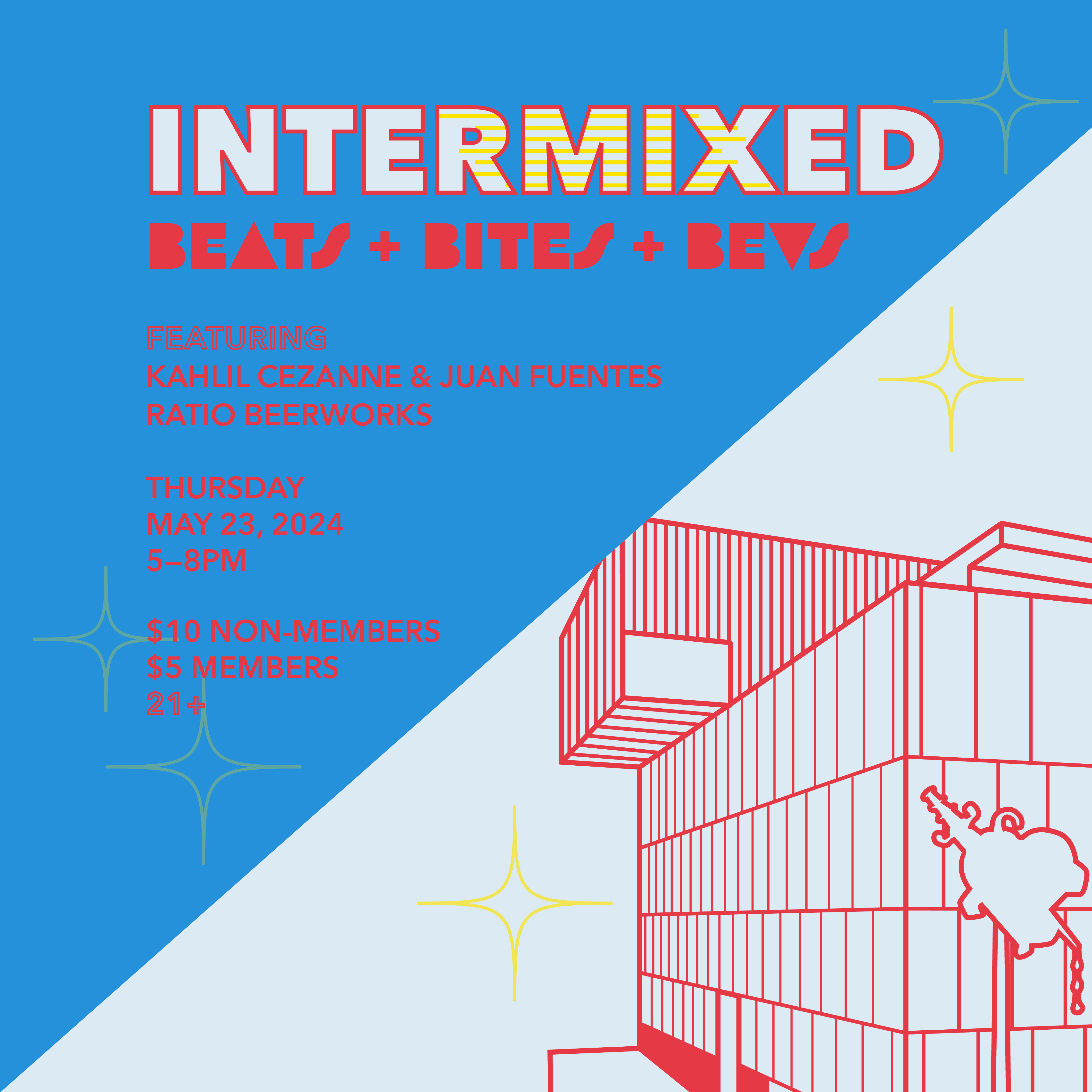 Blue and red graphic that reads, "Intermixed: Beats, Bites, & Bevs"