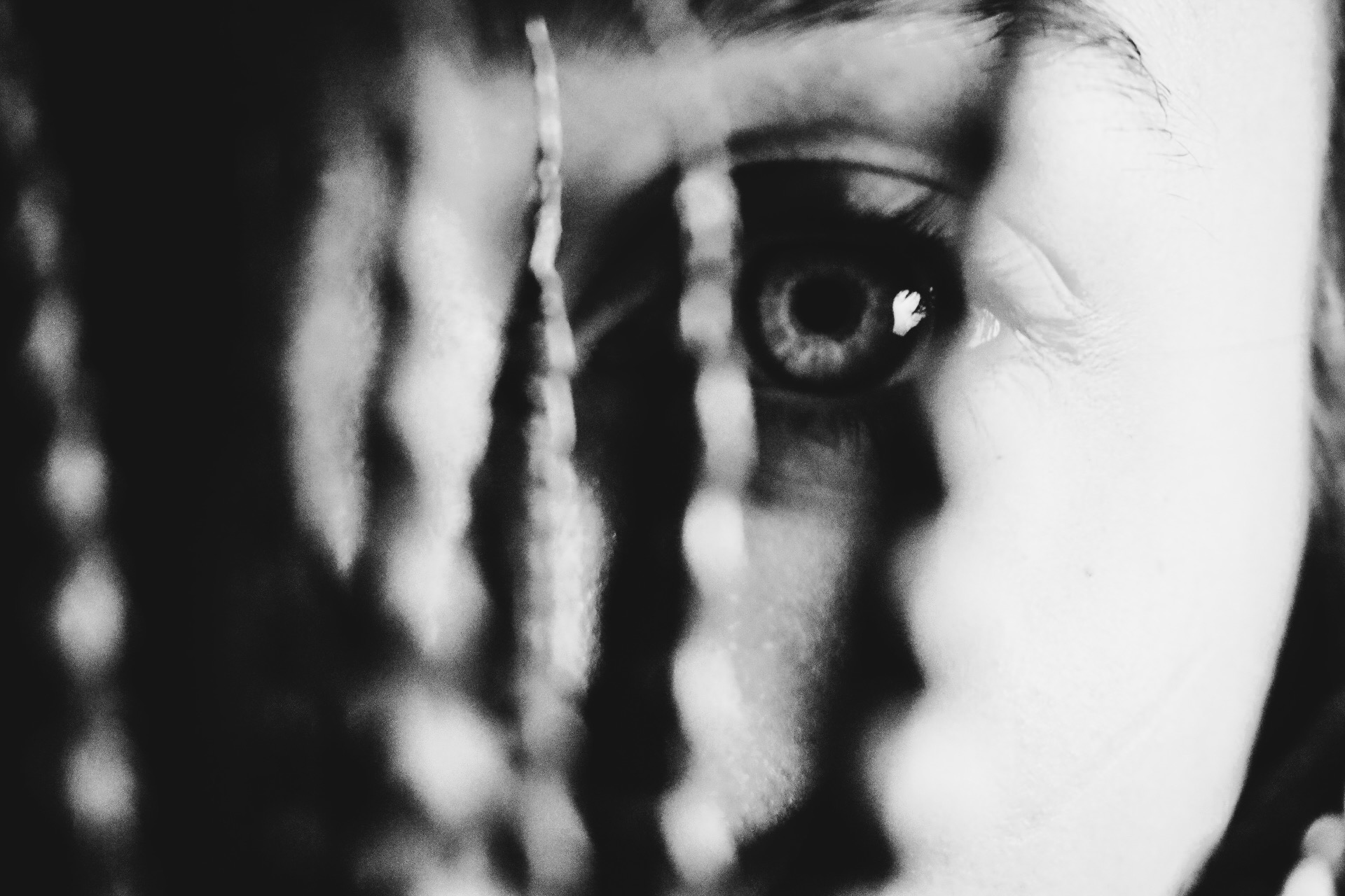 A close up of an eye in black and white. 